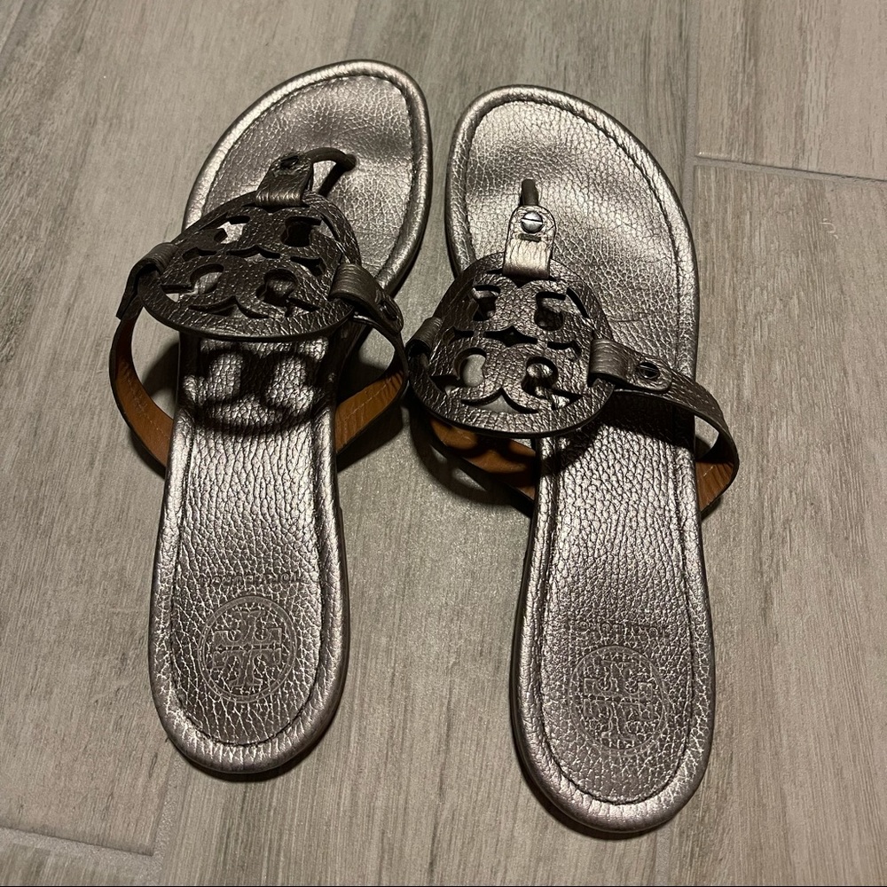 Silver Pebbled Tory Burch Miller Sandals.